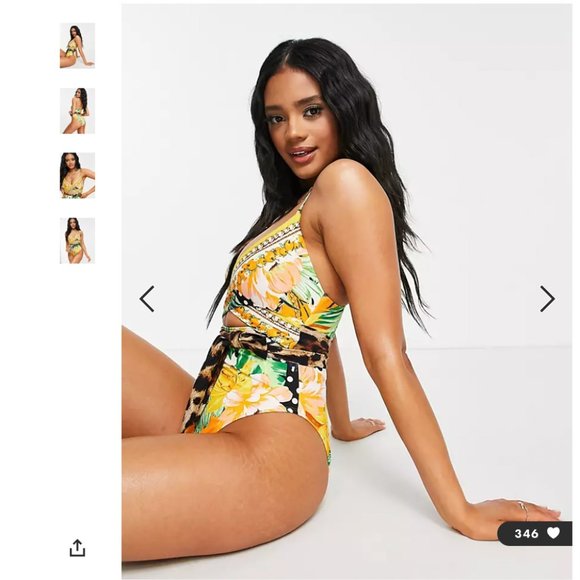 ASOS River Island floral wrap front swimsuit with leopard tie in orange - Picture 2 of 4